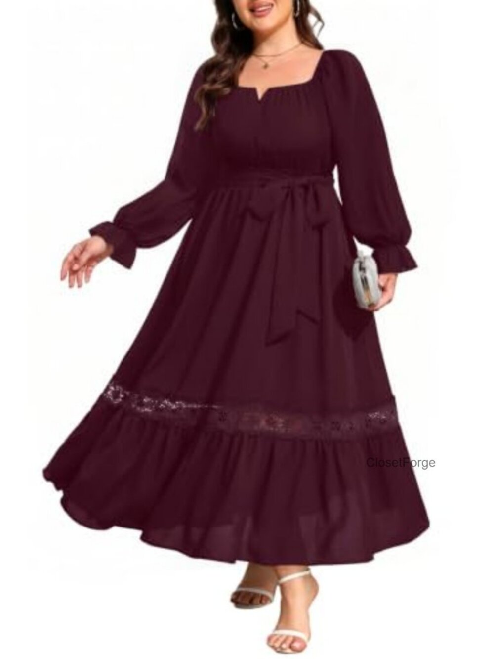 Plus Size Maxi Dress Square Neck Flutter Sleeve Crochet Lace A-Line